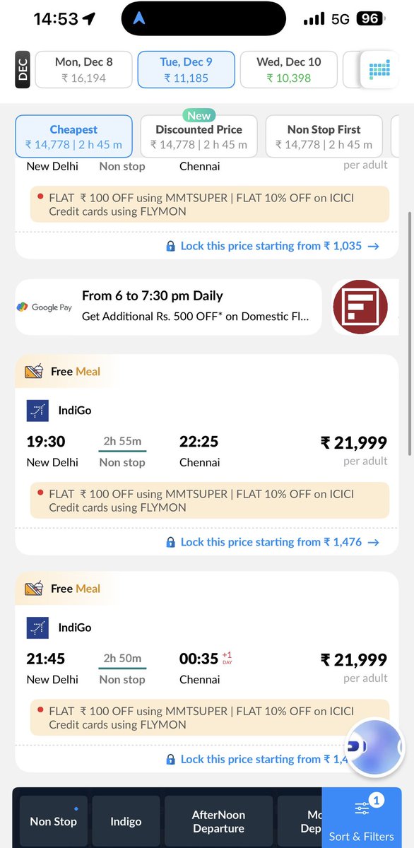 Iyervval's tweet image. Requesting @PMOIndia to step in. Looks like @RamMNK &amp;amp; @DGCAIndia can’t even enforce basic price capping. Not only are @IndiGo6E being able to sell tickets for tomorrow when they can’t meet extant commitments - but are flagrantly violating the price capping by 25 to 40%
