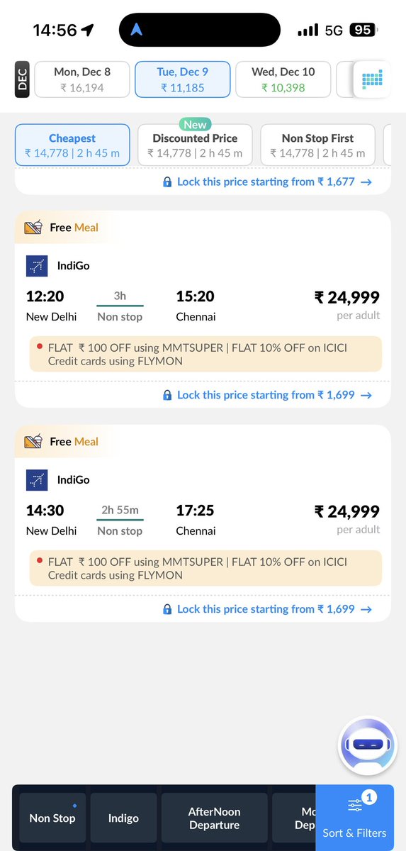 Iyervval's tweet image. Requesting @PMOIndia to step in. Looks like @RamMNK &amp;amp; @DGCAIndia can’t even enforce basic price capping. Not only are @IndiGo6E being able to sell tickets for tomorrow when they can’t meet extant commitments - but are flagrantly violating the price capping by 25 to 40%
