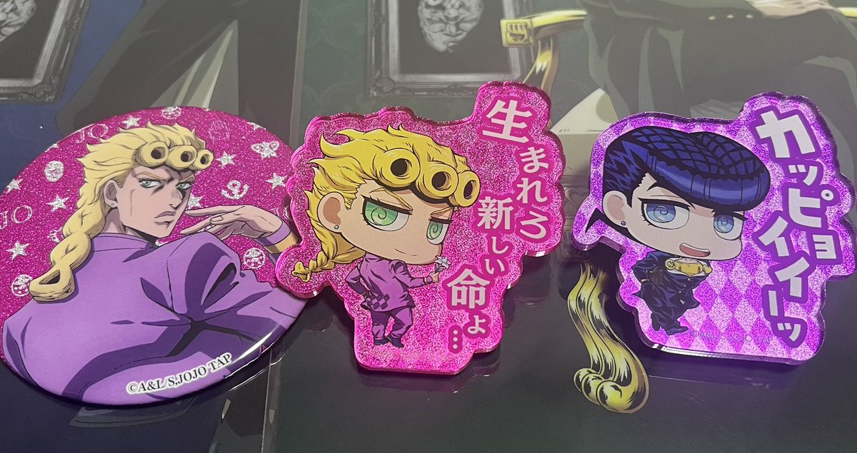 pmop95am's tweet photo. 【交換】 
ジョジョワールド JOJOWORLD3
グリッター缶バッジ
アクリルバッジ

譲
ジョルノ
仗助

求
承太郎(アクリルバッジのみ)
花京院

郵送、名古屋会場手渡し可能(要相談)

検索からもお気軽にお声掛けください https://t.co/5WeCwb4GXc