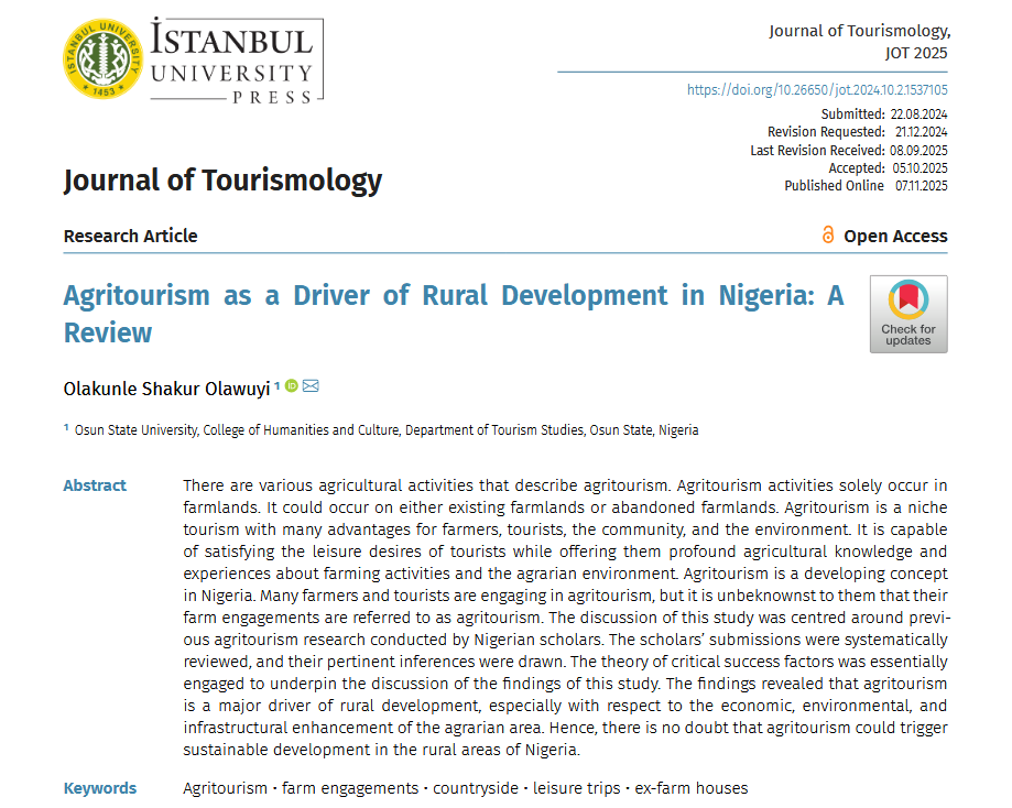 IU_JoT's tweet photo. Olawuyi, O. S. (2025-earlyview). Agritourism as a driver of rural development in Nigeria: a review. Journal of Tourismology

Access at: 
https://t.co/1vxeOkFQYH

#Agritourism, #countryside, #leisuretrips, #exfarmhouses #earlyview #JoT #tourism https://t.co/RsoyaRpwzK