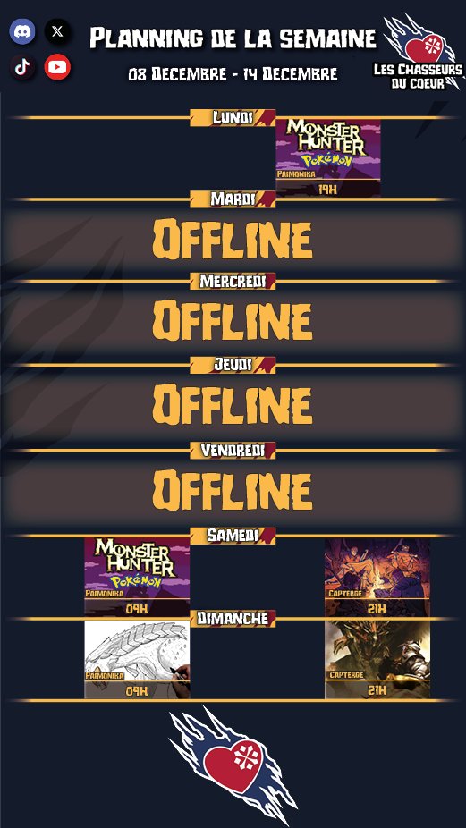 Hello les hunters ! C'est l'heure du planning !
Ça vous dit un peu de romhack MH de Pokémon Emeraude ? 👀
... En fait la question ne se pose pas.
Retrouvez <a href="/Paimonika/">Paimonika ~ Lunastra fan account</a> dès ce soir à 19h pour le début d'une aventure rocambolesque !
Retrouvez aussi -entre autres- le JDR samedi !