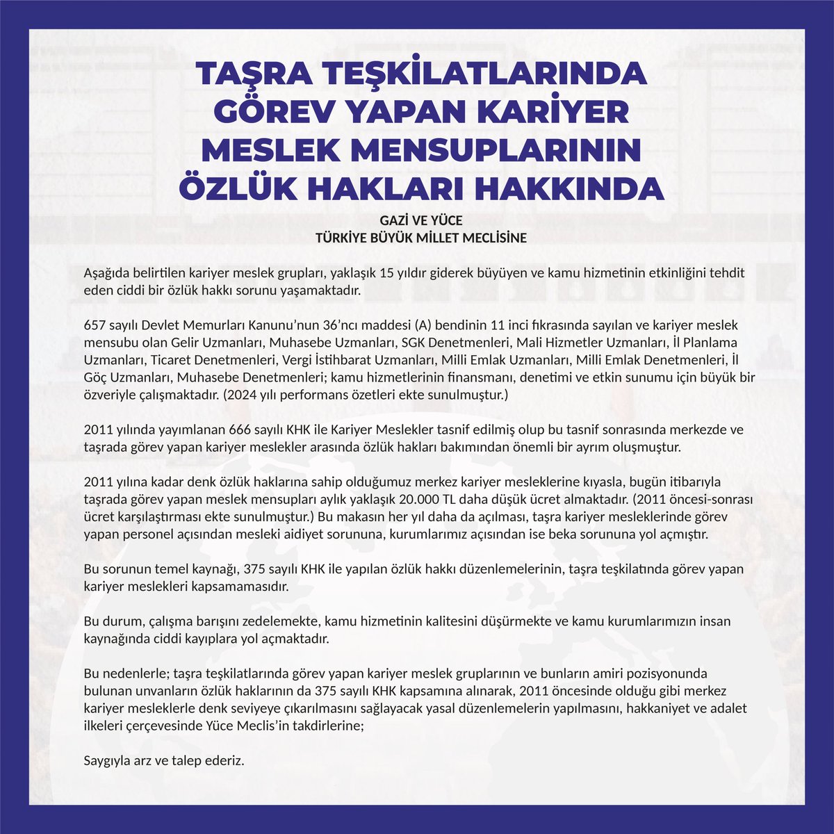 turbedarrr's tweet photo. @aktulgalibey Yüce Meclisimize  çağrımızdır:

Taşrada görev yapan kariyer uzmanların 375 sayılı KHK kapsamı dışında bırakılması uygulamasına son verilmeli,
çalışma barışı ve kurumsal adalet tesis edilmelidir. @FUATUGUR
@cemkucuk @Deniz_Zeyrek
@ahmethc #375SayılıKHK https://t.co/RhVP9c2qQC