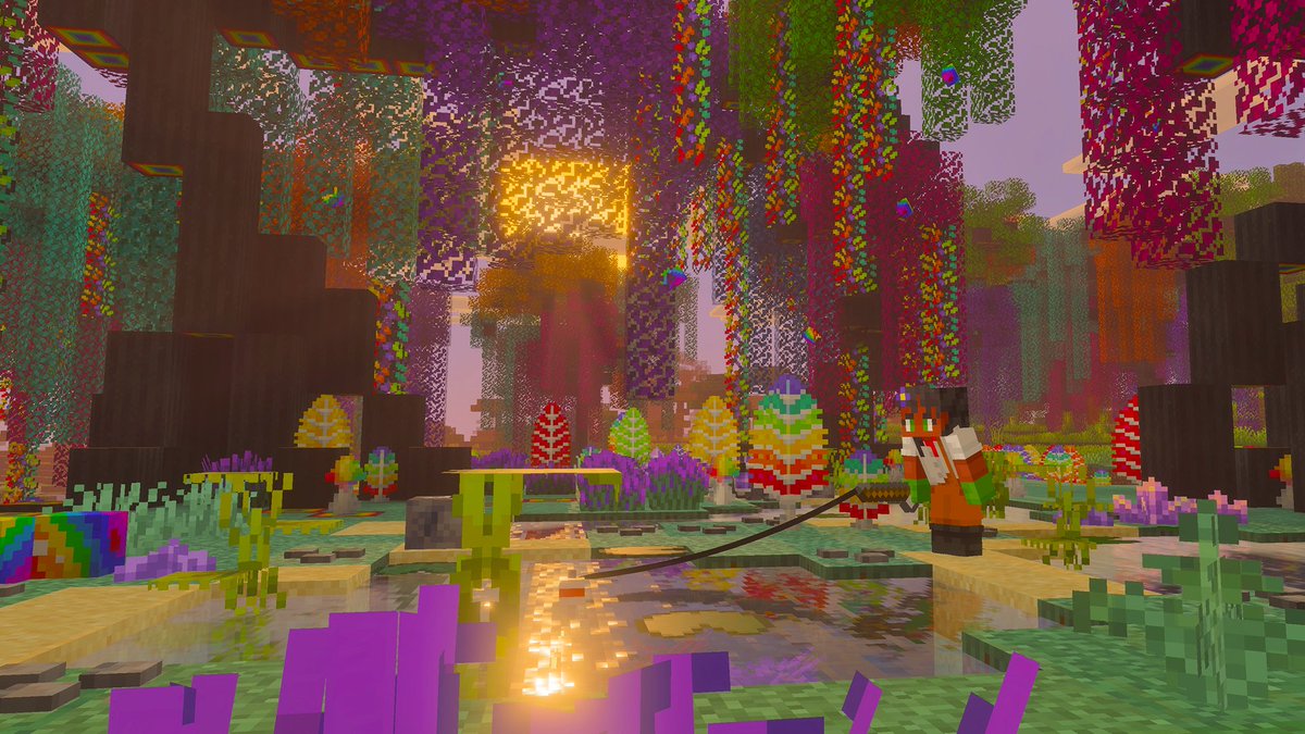 FloatStudiosgg's tweet photo. Wander through the chromatic Lunaria Glade biome. Fish in the tranquil ponds under the rainbow apple trees, as the sky illuminates the biome, cycling through a spectrum of colour.

Forest Craft V4.0 update coming soon!

🌲Real Biomes   
📷Vibrant Visuals Enhanced 
  
#minecraft #minecraftmarketplace #biomes #forestcraft