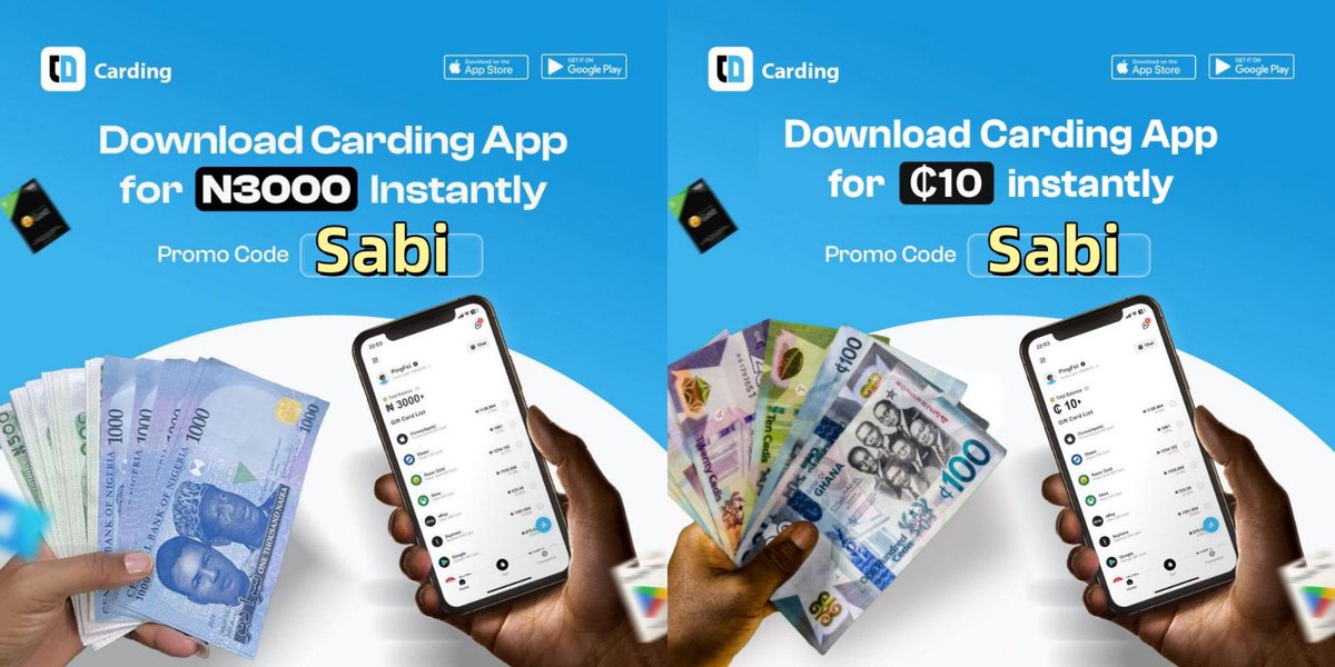 Sabinus1_'s tweet photo. 🎉 Giveaway Alert for Nigeria &amp; Ghana 🇳🇬🇬🇭!
Get ₦3,000 or 10 GHC for Free!
👉 How to claim:
1: Download Carding App
2: Use Promo Code: 【 Sabi  】
✅ You get ₦3,000 or 10 GHC
💰 Withdraw as airtime or send to your account
💸 Carding app will also be crediting 10 people with 50k later today. 
 🎬Like, retweet and post a screenshot of your successful registration, and your account number to be credited 
Download now: 👇
📲 Playstore
https://t.co/0TwmAPyuEO
📲 App Store
https://t.co/amb9KIWGUD