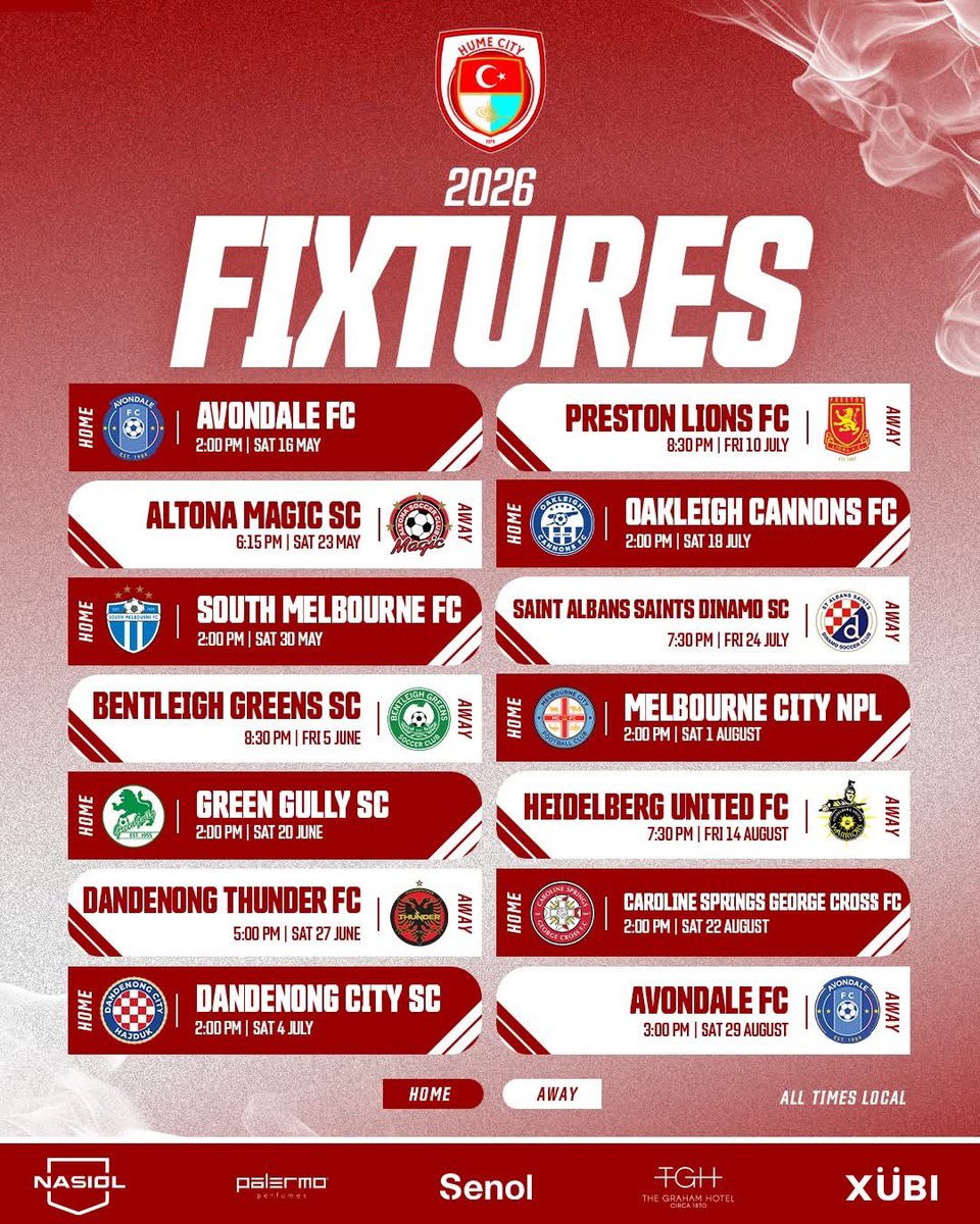 FCHumeCity's tweet photo. The 2026 NPL Victoria Fixture is HERE 😍
There are some big dates scheduled in so pencil them in your diaries and we’ll see you there!
#ZIGAZAGA | #StrongerTogether https://t.co/1WI3k8xr43