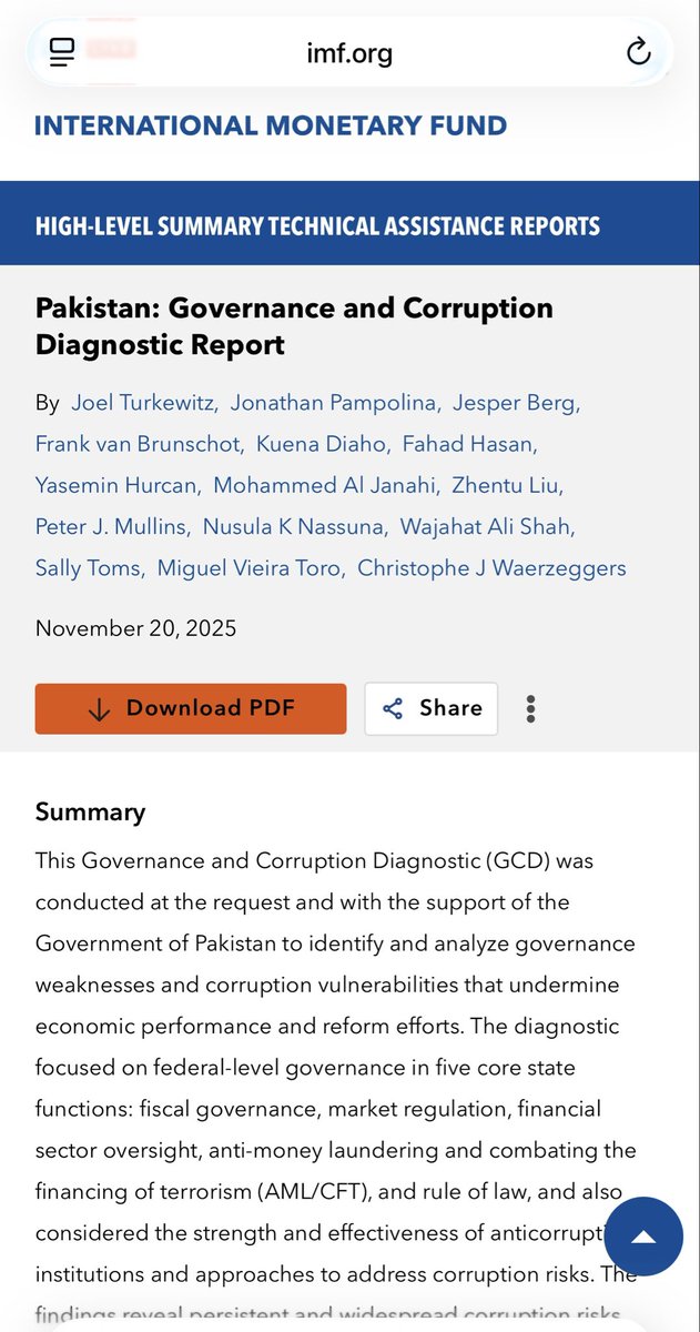 آپ  آئی ایم ایف کی ویب سائٹ پر جا کر ان کی پاکستان میں گورنس اور کرپشن پر یہ رپورٹ لازمی پڑھیں چھوٹی سی ہے اس کی سمری ایک لائن میں یہ کہ اگر ادارہ جاتی کرپشن روک دی جائے تو پاکستانی معیشت ہر حاصل 4.4 ارب ڈالر مزید حاصل کر سکتی ہے پاکستان ایوریج ہر سال IMF سے ڈیڑھ ارب ڈالر قرض