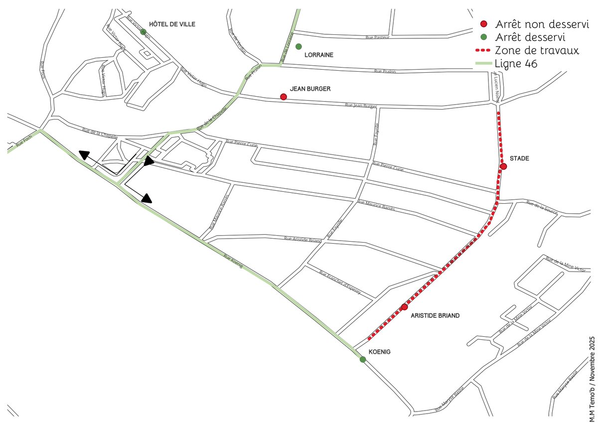 Temob_Bus's tweet image. 🚧 En raison de travaux, la rue Lucien Noirot sera fermée à la circulation dès le 08/12. Lignes impactées : 41, 46, 49, S22. 🚌 Arrêts non desservis : ARISTIDE BRIAND, STADE LUCIEN NOIROT, JEAN BURGER. + d’infos : citeline.fr/info-trafic/ #Travaux #Thionville