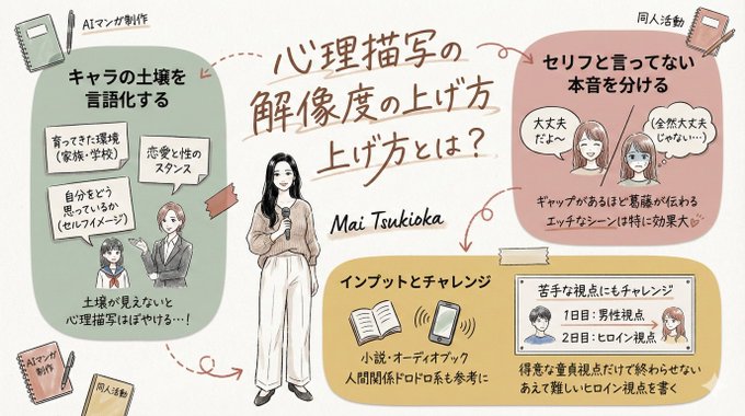 創作で「キャラの気持ち、薄い…?」ってなる人へ(自分ですw) 心理描写の解像度を上げるコツをグラレコにしました。 キャラの土壌づくり→セリフと本音のギャップ→小説インプットの3ステップかも?