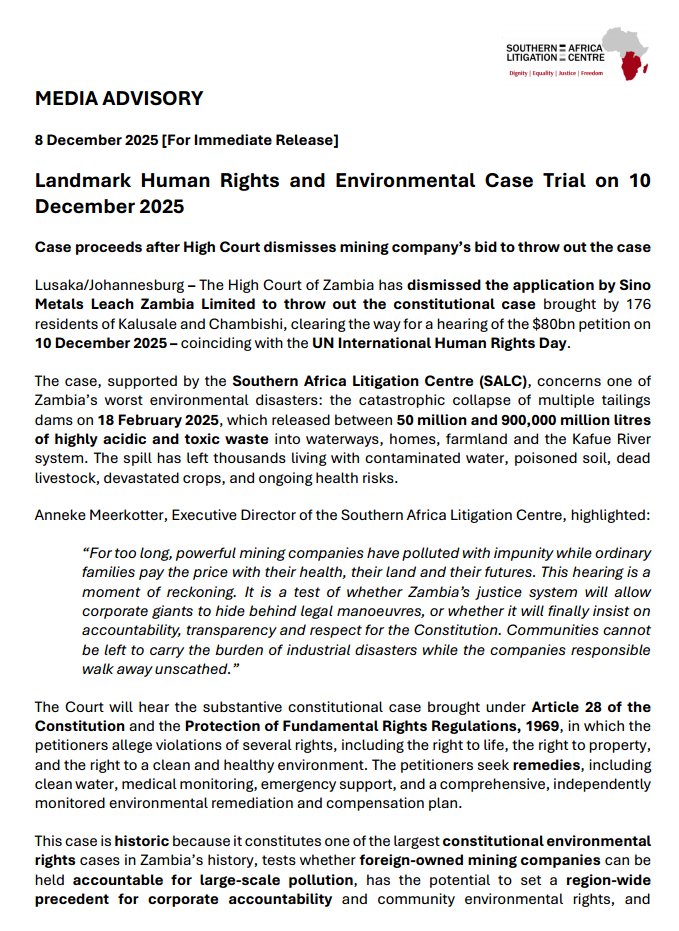 Follow_SALC's tweet image. 🚨#ZAMBIA #MediaAdvisory On 10 December 2025, the High Court of Zambia will hear a landmark case brought by 176 residents of Kalusale and Chambishi concerning the catastrophic toxic spill in February 2025. The case, supported by SALC, raises critical questions about…