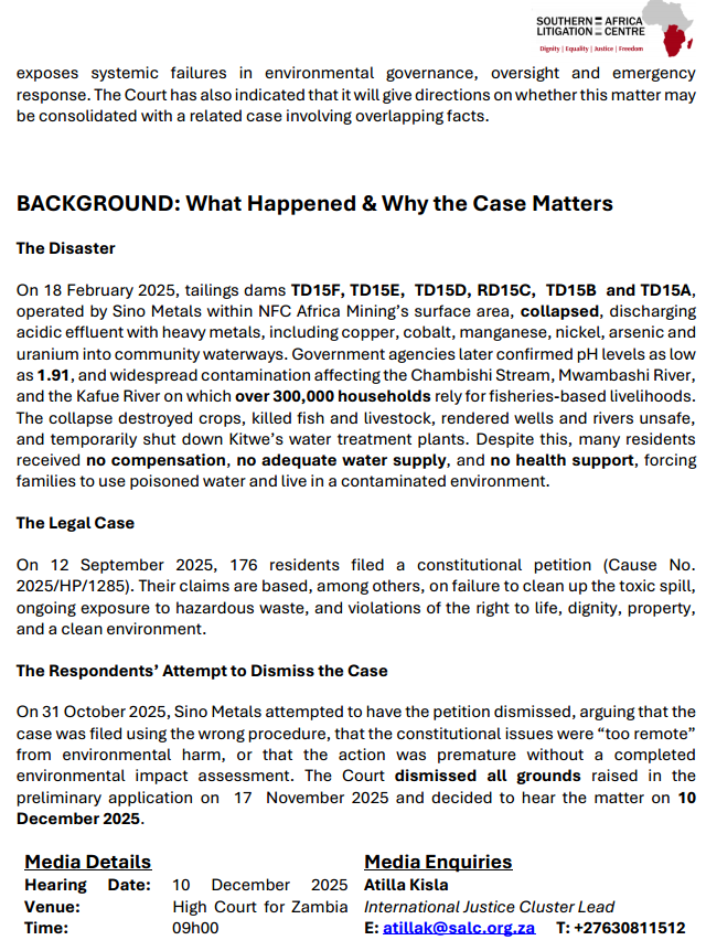 Follow_SALC's tweet image. 🚨#ZAMBIA #MediaAdvisory On 10 December 2025, the High Court of Zambia will hear a landmark case brought by 176 residents of Kalusale and Chambishi concerning the catastrophic toxic spill in February 2025. The case, supported by SALC, raises critical questions about…