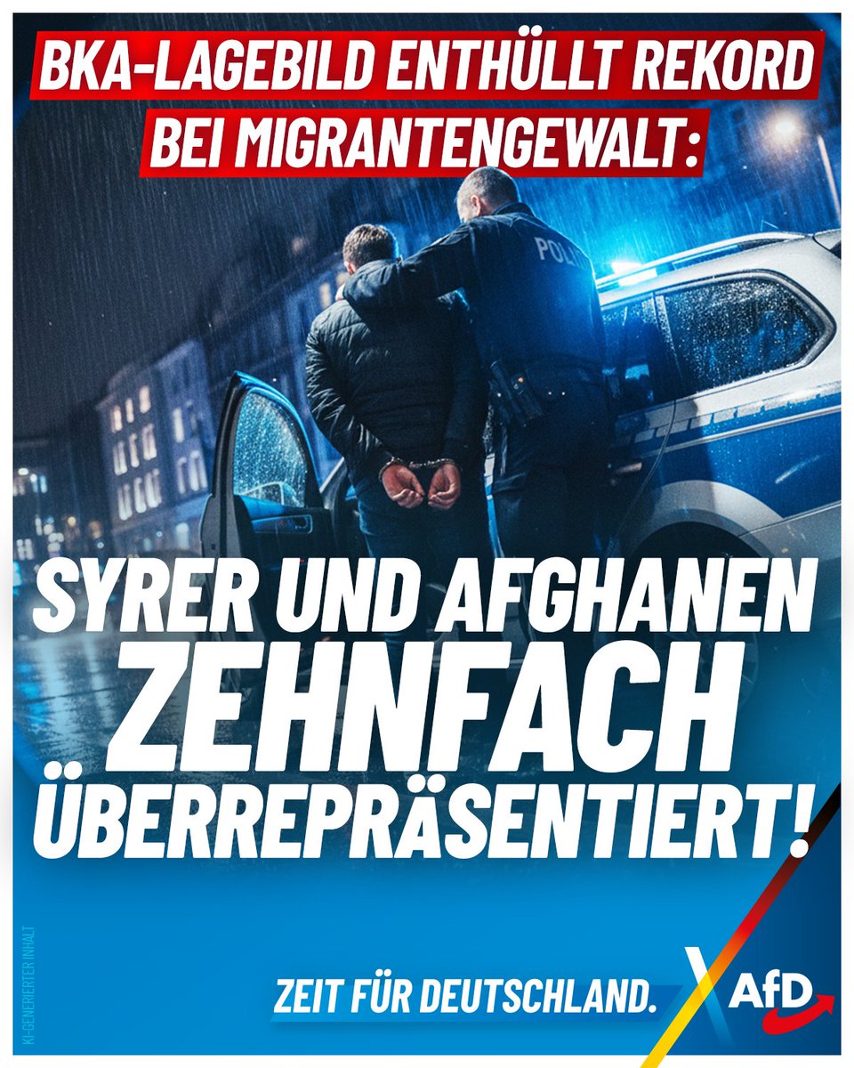 AfD's tweet image. Laut BKA-Lagebild sind Syrer und Afghanen bei vielen Delikten zehnfach überrepräsentiert, darunter Sexualstraftaten, Gewalt und Drogen. Die CDU-Regierung tut nichts dagegen. Mit uns aber wird es eine Migrationswende geben – mit einer großen Rückführungsoffensive!