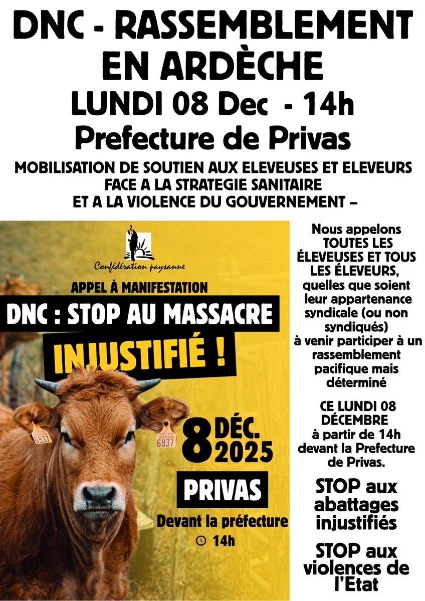 ConfPaysanne's tweet image. #DNC : la Confédération paysanne encore mobilisée toute la semaine contre la politique sanitaire d&apos;abattage total.✊ Soutien aux éleveurs et éleveuses.
ledauphine.com/social/2025/12…