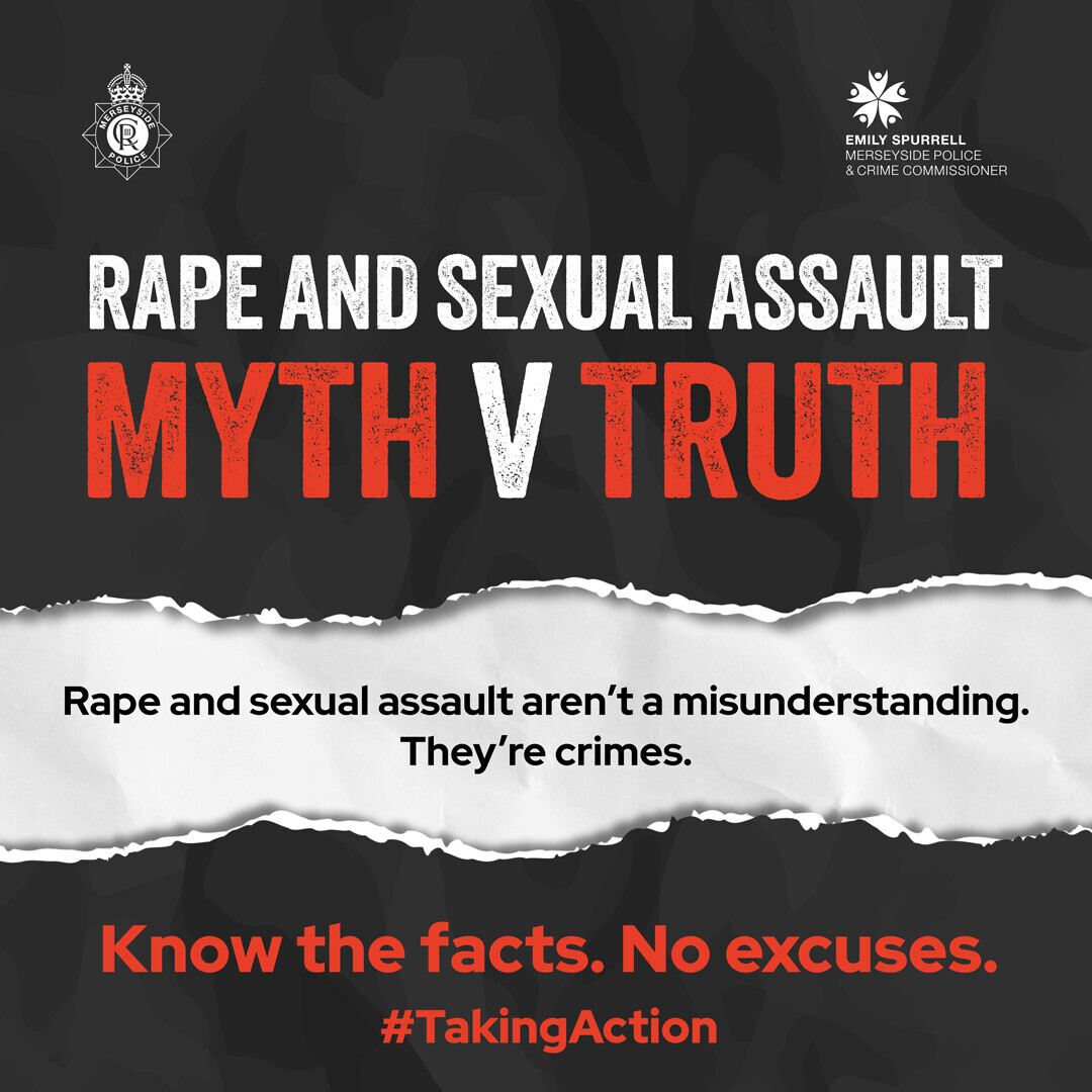 NHSCandM's tweet image. Survivors tell us how damaging myths and stereotypes make reporting harder and deepen trauma. 

This campaign from @merseypolice @MerseysidePCC tackles those myths and reinforces a clear message: sexual violence is never the victim’s fault.

merseyside.police.uk/vawg #TakingAction