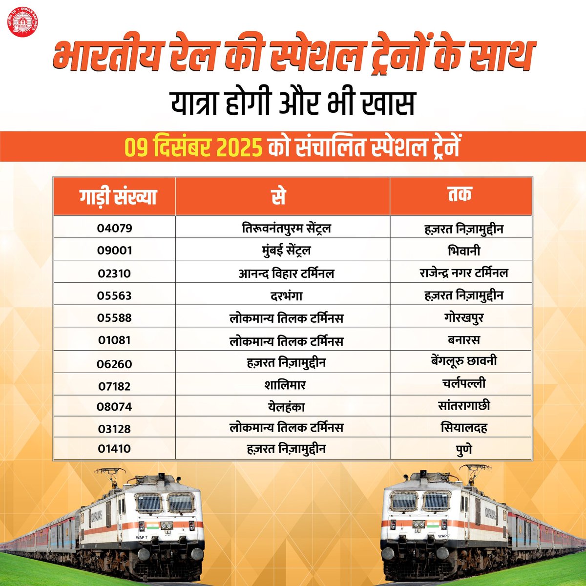 यात्री सेवा के लिए सदैव तत्पर!
भारतीय रेल द्वारा किया जा रहा है स्पेशल ट्रेनों का संचालन। 
#SpecialTrains
