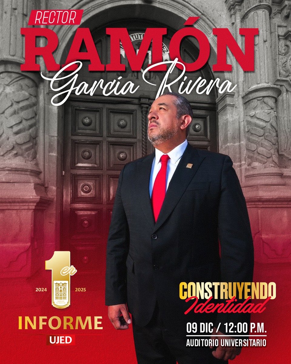 #UJEDInforma 💪Construyendo Identidad, Primer Informe de Resultados de nuestro rector M. S. P. Ramón García Rivera. 

¡Por la Universidad que queremos! #IdentidadUJED

🗓️9 de diciembre.
 ⏰12:00 p.m.
Auditorio Universitario de la #UJED.