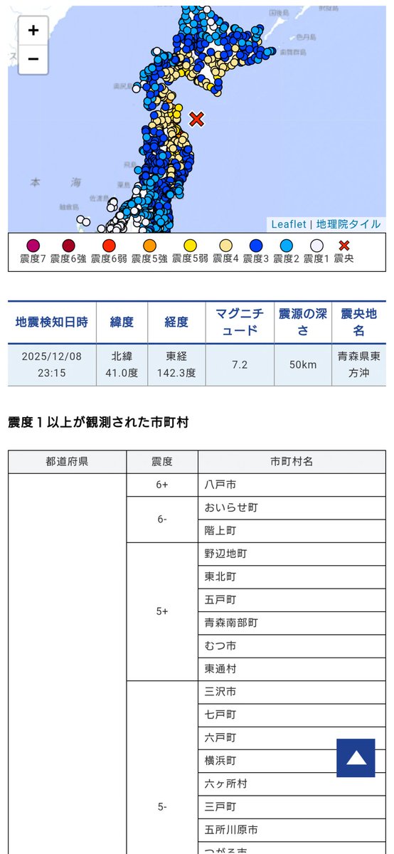YShiblog's tweet photo. 先ほどの地震は、青森県東方沖で発生しています❗

津波注意報が出されていますので、海に近い方々は、深夜なので、明るく安全を確保して、海岸から離れるようにして下さい🙏

#青森県　#地震　#深夜6強　#津波　#津波注意報　#避難 https://t.co/dKecgcOQ2O