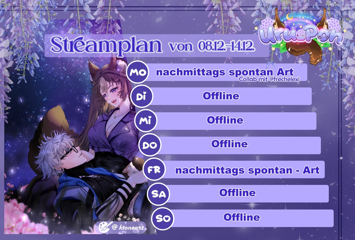oh was is das? ein streamplan? YES!
Heute circa 17Uhr gehen wir live auf der lila Plattform und haben dann auch eine Collab mit <a href="/FrecheLexi/">Lexi 🍌🐶 (Un-) Heilige Allianz</a> X3
Wir wollen bissl art machen
Freitag dann spontan von der Uhrzeit her X3