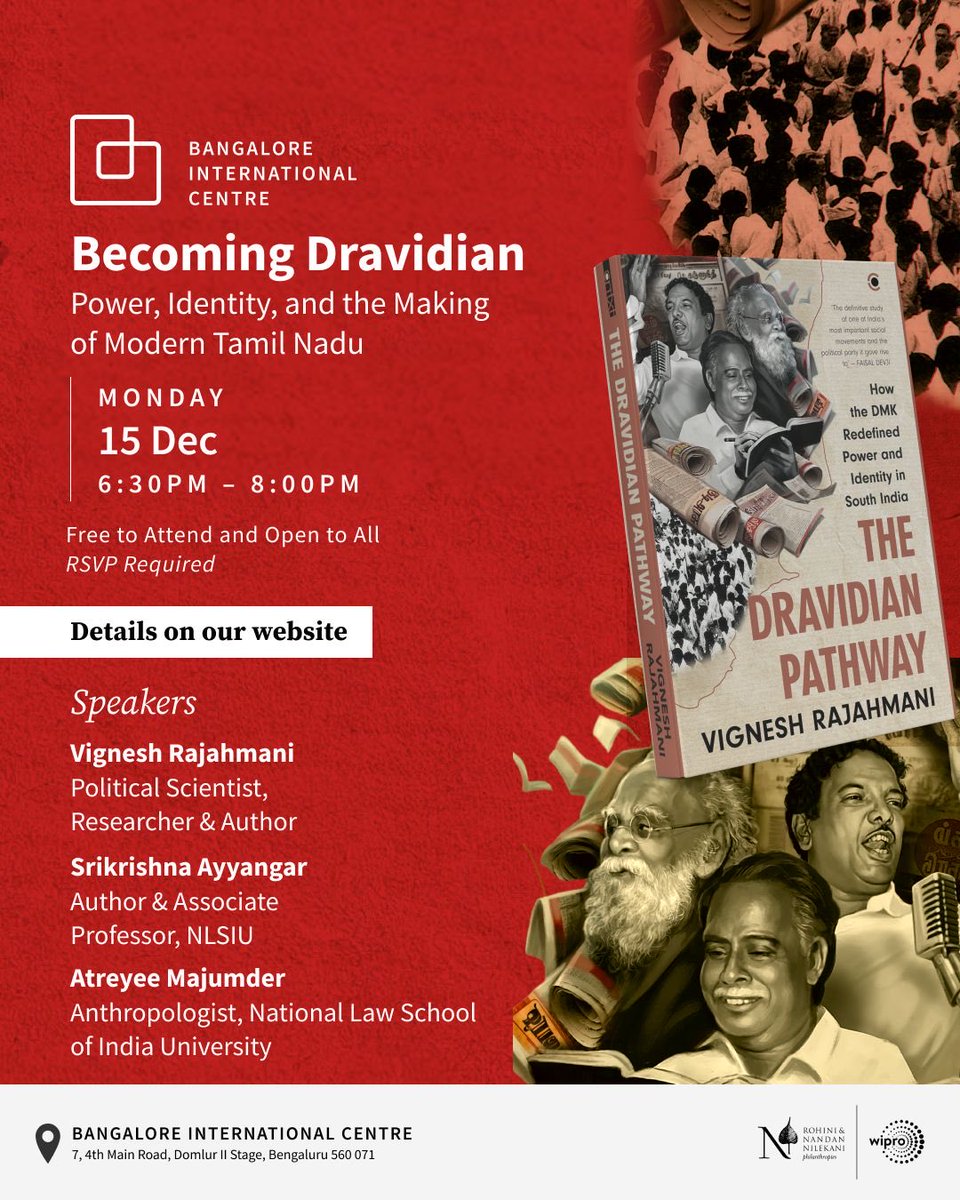 seemay's tweet photo. Promising discussion on the making of Modern Tamil Nadu.
The north and the rest of India mist examine this question closely - ‘Becoming Dravidian’ - ⁦@krvtweets⁩ new book to be discussed in Bangalore on December 15📚🛋️ https://t.co/PsITIiQQCA