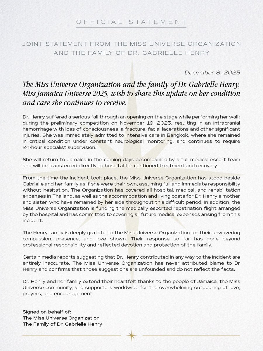 Read | Joint Statement of Miss Universe Organization and Dr. Gabrielle Henry (Miss Jamaica Universe 2025)

Let us continue to pray for Miss Jamaica Universe, Sizzums 🙏🏼

#MissUniverse #SizzumsPH