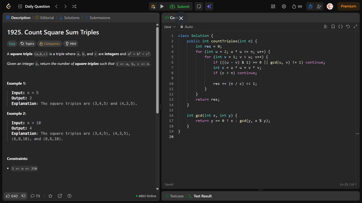 Aditya_Ch_20's tweet image. 💯 Day 100 of LeetCode Daily!
Unlocked the 100 Days Badge today 🎉

Solved Count Square Sum Triples —

100 days of showing up… consistency really does compound 🚀
On to the next one.

#LeetCode #100DaysOfCode #DSA #CodingJourney #Java #MathProblems #LearningInPublic