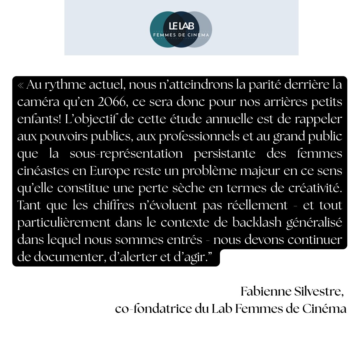 𝟐𝟎𝟔𝟔

C’est l’année où la parité derrière la caméra serait atteinte si rien ne change.
Lire le communiqué de presse de l'Étude 2025 du Lab Femmes de Cinéma ici :
femmesdecinema.org/communique-de-…