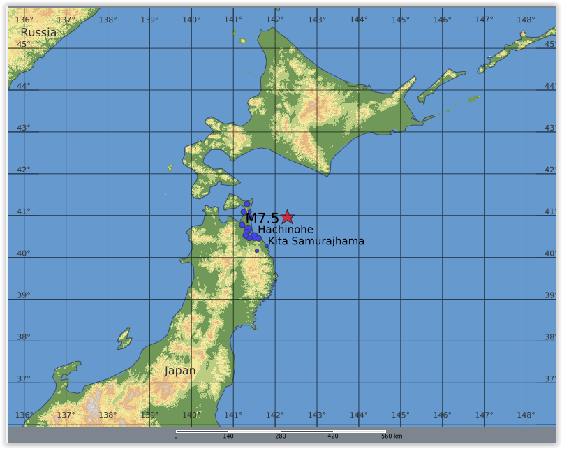 QLARM's tweet image. EARTHQUAKE M7.5. Origin Time: 2025-12-08 14:15:11 UTC, Near east coast of eastern Honshu, Japan (40.97 ; 142.29), Depth: 51.0 km, (source(s): GFZ). Estimated fatalities: 0 to 0, injured: 0 to 3