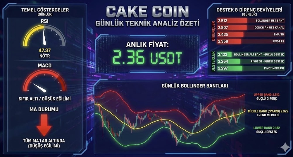 🚨 $CAKE Analiz
📊Fiyat:~ 2.36 USDT
⚠️CAKE, kısa vadede pozitif momentum göstermektedir. 24 saatlik ~%6'lık  kazanç ve %63.92 artan işlem hacmi, artan ilgiyi yansıtmaktadır. Ancak  30 günlük %-8.59'luk düşüş, orta vadede baskı altında olduğunu  göstermektedir.
🟢Kritik zaman