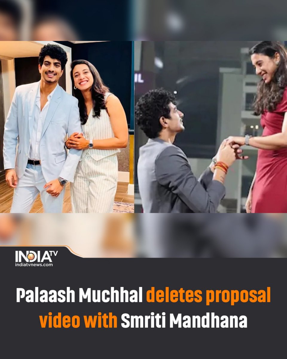 indiatv's tweet image. Palaash Muchhal has deleted his viral proposal video with Smriti Mandhana shortly after the duo confirmed that their wedding had been called off. 

Read more here:
tinyurl.com/mrxdba4y

#smritimandhana #PalashMuchhal #proposalvideo #cancelledwedding #IndianCricketer