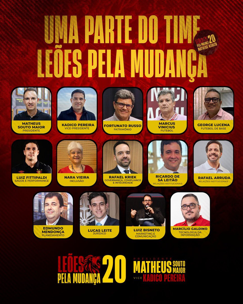 A CHAPA 20 apresenta um quadro qualificado e comprometido com uma gestão profissional, transparente e focada nos resultados. Juntos, estamos preparados para conduzir o Sport a um futuro vencedor, que faça a nação rubro-negra voltar a vibrar com o Leão, como somos acostumados - e