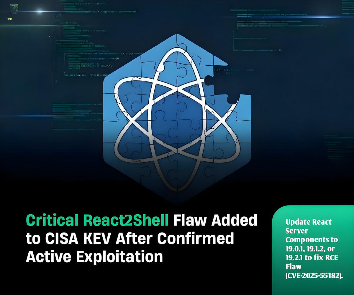 ZENCRYPT__'s tweet image. CRITICAL RCE ALERT: React2Shell (CVE-2025-55182)

added to CISA KEV after active exploitation.

Unauthenticated attackers can run commands via insecure deserialization in React Server Components.

PATCH NO&apos;W&apos;: update to 19.0.1/19.1.2/19.2.1 + Next.js.

#React2Shell #RCE