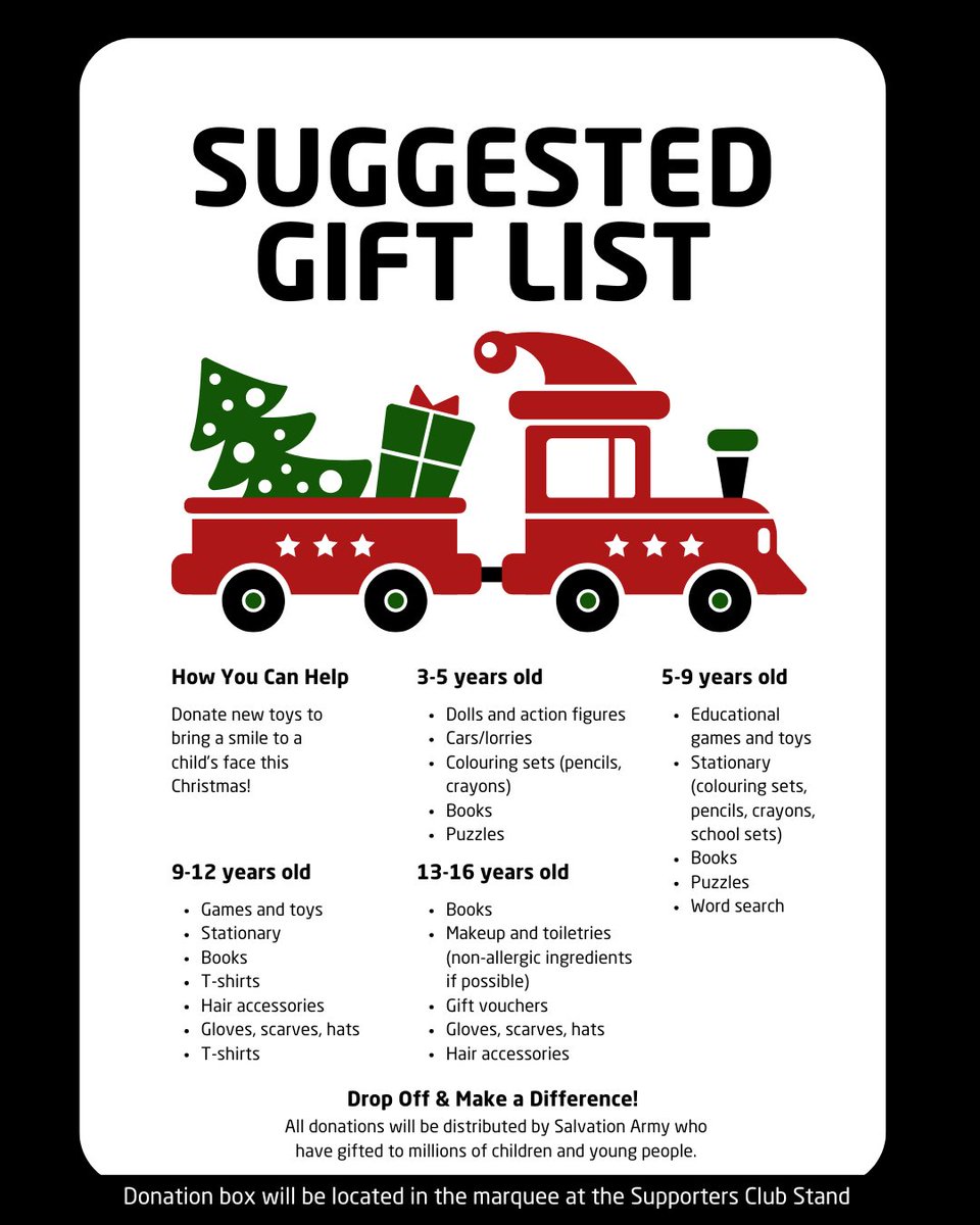 🎄 Christmas Toy Appeal 🎁

We’re proud to support the Salvation Army Christmas Present Appeal at our home fixture against <a href="/DorchTownFC/">Dorchester Town FC</a> this Saturday 13th December at The @mortgagedecisions Stadium.

If you’re able to give, please bring along a new, unwrapped toy and drop it into
