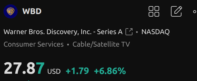 Why are people pushing $WBD price up ? 
The offer of $30 cash by paramount ? 
That’s the same bid WBD rejected last week ! 
Price will be $27.75 and that's it !