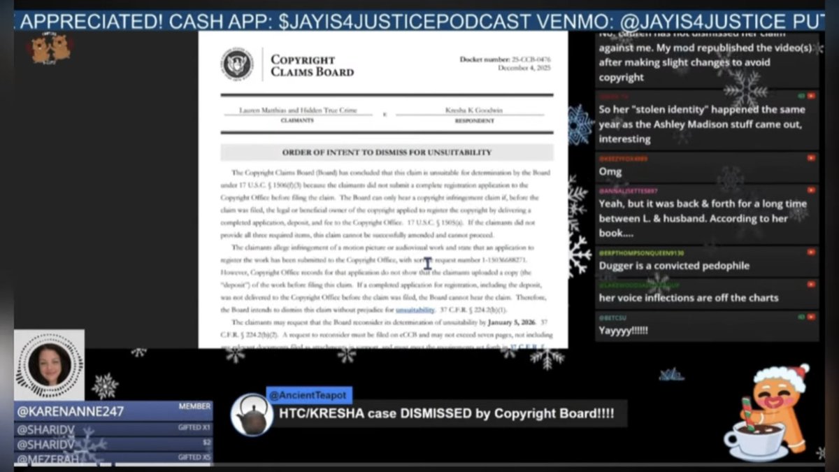 Copyright Board dismissed Hidden True Crime’s crybully bullshit copyright claim against <a href="/KreshaKay/">Kresha Kay Easton</a> for “Unsuitability.”

cc: <a href="/jayis4justice/">Jay is 4 Justice Podcast</a> 
youtu.be/7MDfqJamLO4?si…