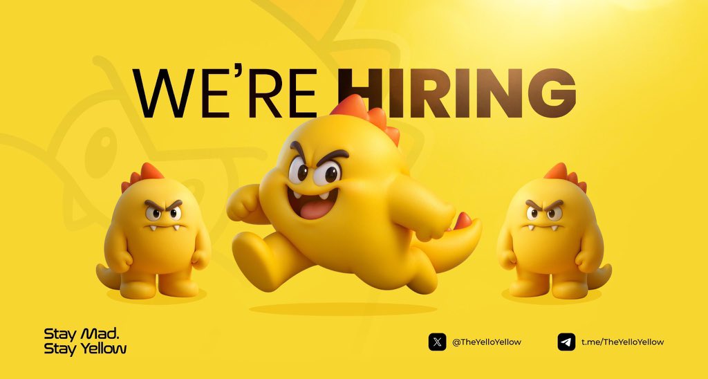 Hiring!!!

Looking for web3 enthusiast to join a project 

Moderator,shillers and reply guys

Payment $10 weekly 

Comment interested and tag 3

-Follow <a href="/TheYelloYellow/">Yello</a> 

Join our TG channel 

t.me/TheYelloYellow