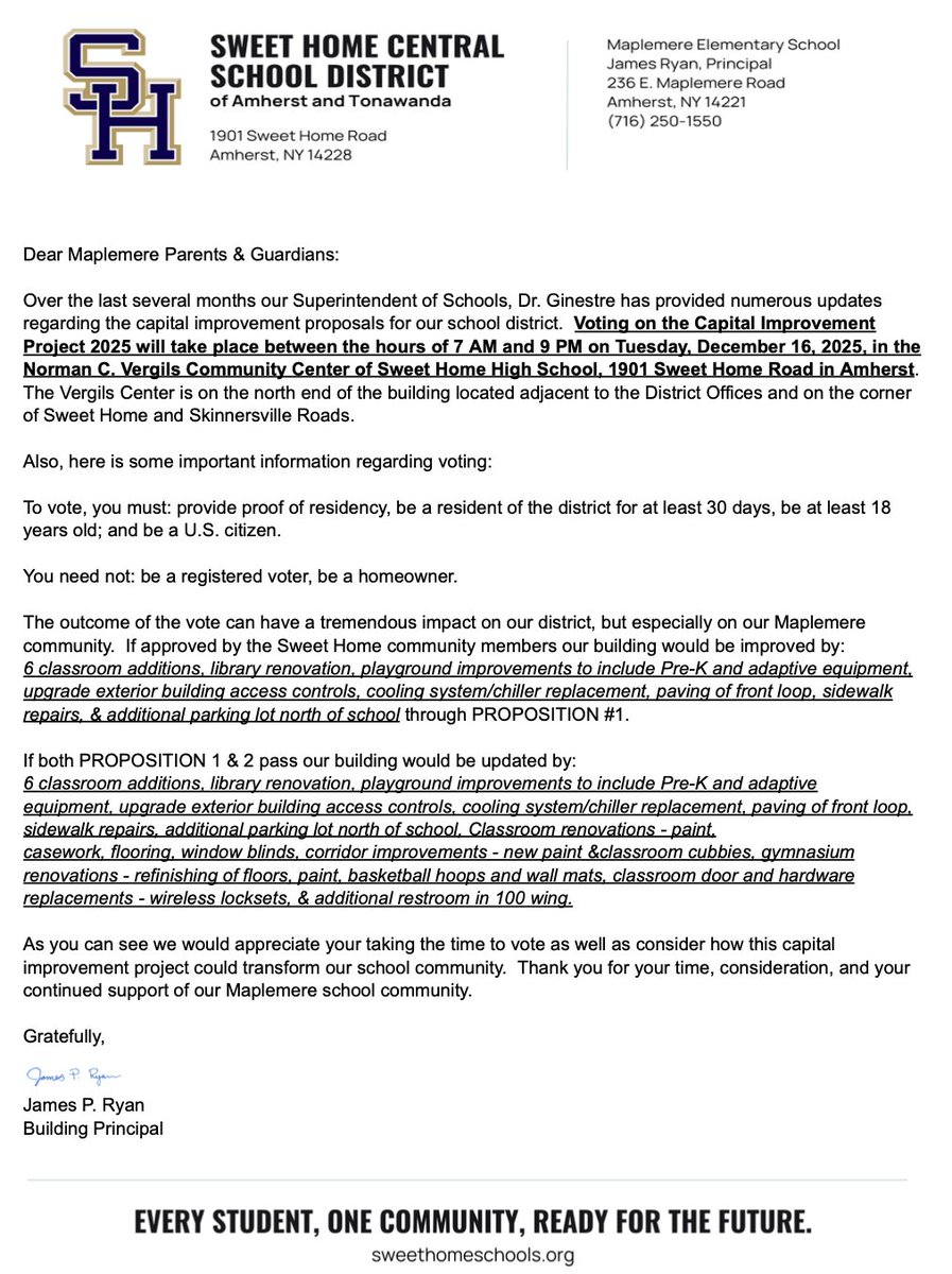 Families-Just a reminder our District Capital Improvement Voting is Tuesday December 16th. Please see the letter we sent home with students last week to learn more about the impact the proposed project with have on Maplemere. <a href="/MaplemerePTA/">Maplemere PTA</a> <a href="/SHEAUnion/">SweetHomeEducAssoc</a> <a href="/SHCSDAthletics/">Sweet Home Athletics</a> <a href="/SweetHomeCSD/">Sweet Home Central School District</a>