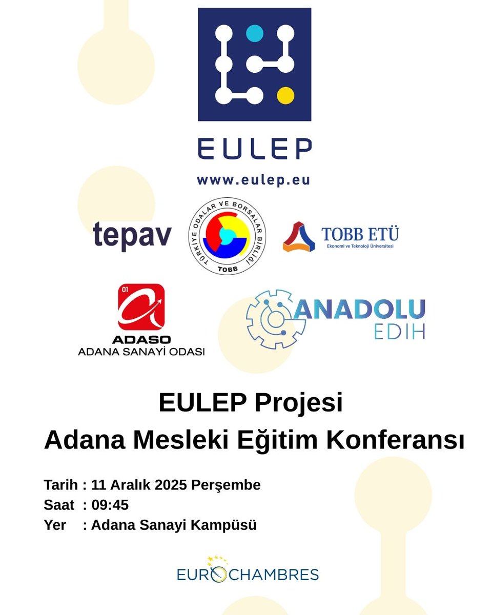 Adana Mesleki Eğitim Konferansı

Adana Sanayi Odası olarak iştirakçisi olduğumuz EULEP – European Learning Experience Platform (Avrupa Öğrenme Deneyimi Platformu) Projesi kapsamında, mesleki eğitim alanında farkındalık yaratmayı ve işletmelerin yeşil–dijital dönüşüm süreçlerine