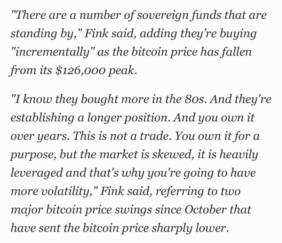 Sovereign funds loading up in the 80s tells you everything, but hearing Larry Fink say BlackRock is watching several sovereign wealth funds accumulate into the dip makes it even more important.

Retail needs to stay sharp here, or they will end up missing the 2026 rally before it