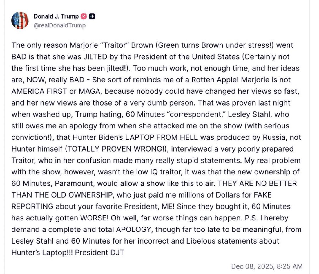 TheMaineWonk's tweet image. Trump wants an apology from CBS because @mtgreenee hurt his feelings.