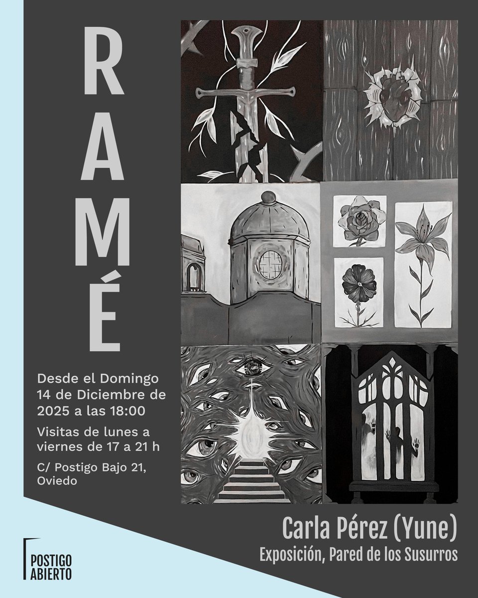 - "Ramé" - exposición - Carla Pérez (Yune)
-  Del 14/12/25 al 16/01/26, lunes a viernes, 17:00 a 21:00 h.
-  Entrada libre
- Happening-inauguración: domingo 14 de diciembre de 2025 a las 18:00 📷
📷 en Postigo Abierto (Postigo Bajo, 21. Bajo. Oviedo)
📷📷: postigoabierto.com/evento/rame-ex…