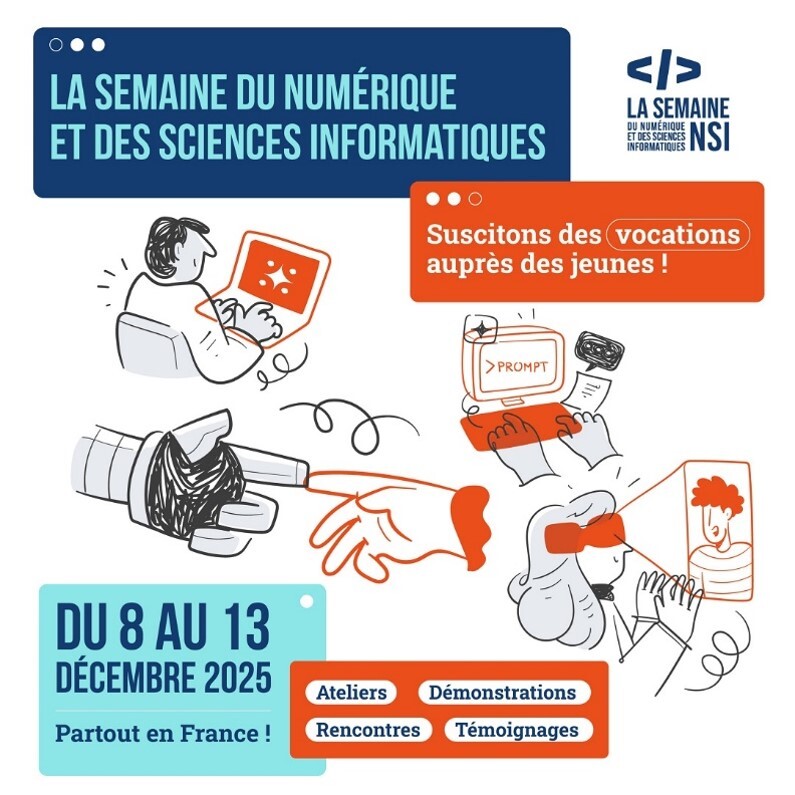 📢 Top départ pour la Semaine du numérique et des sciences informatiques

Découvrez les animations, ateliers, portes ouvertes organisés près de chez vous pour faire découvrir les formations et les métiers du numérique à vos élèves !

📍semaine-nsi.fr/evenements/