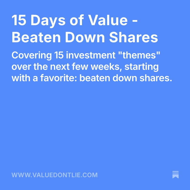 Doing something cheesy on the blog...

Over the next 15 days, I'm sharing my notes on 15 investment categories, how I evaluate them, some historic examples, and a few actionable ideas

Then I’ll package it up into a nice pdf/e-book for the holidays

First up: beaten down shares