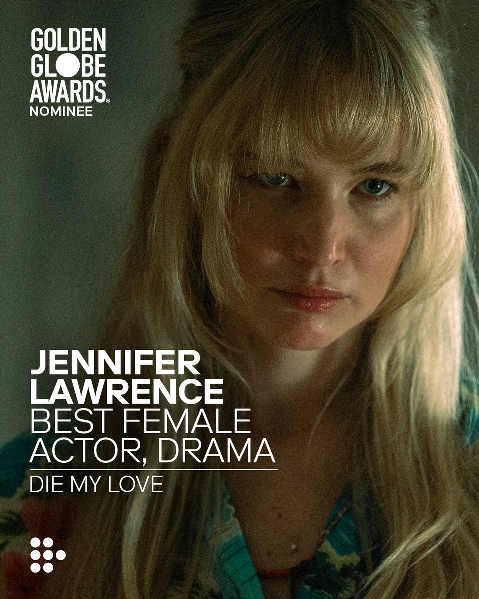 mubicanada's tweet image. Jennifer Lawrence has been nominated for Best Female Actor, Drama at the @goldenglobes. ❤️‍🔥

DIE MY LOVE streams exclusively on MUBI December 23.