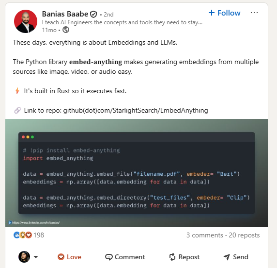 sonam_pankaj_'s tweet image. My open-source library #embedanything🦀 was featured by @baniasbaabe 
Let&apos;s go  🚀