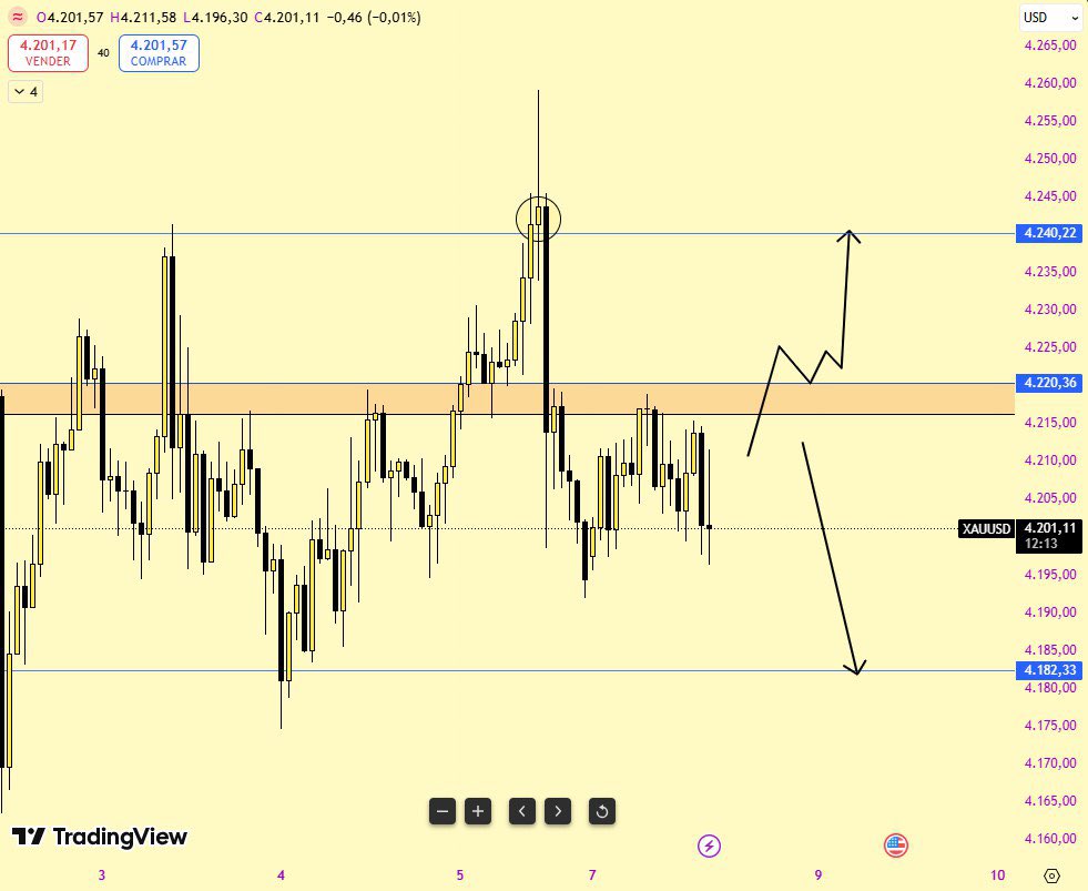 #XAUUSD: Hoy lunes 8 de diciembre.

Nivel clave de hoy: $4219 at $20

Siendo las 9:58 de Nueva York 🗽.

Si usted busca comprar, la mejor forma es esperar el recate de la zona $20⚙️📈. #trading #gold