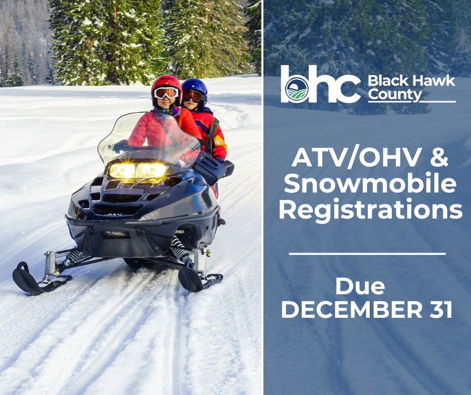 ❄️ Snow is on the ground, but don't forget - all registrations (including ATV/OHV) are due by December 31.
More information on fees and payment options is available at: blackhawkcounty.iowa.gov/244/ATVs-Snowm…