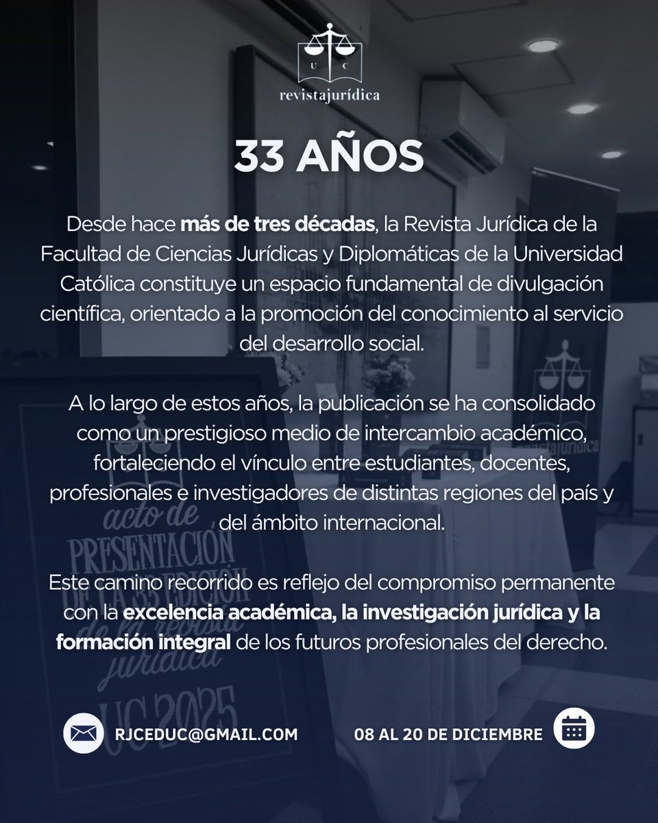 La Revista Jurídica UC abre su convocatoria 2026. Invitamos a estudiantes de Derecho, Diplomacia y Notariado a sumarse al Consejo Editor-Redactor y formar parte de una publicación con 33 años de trayectoria académica. 

Postulaciones del 8 al 20 de diciembre. ✉️ rjceduc@gmail.com