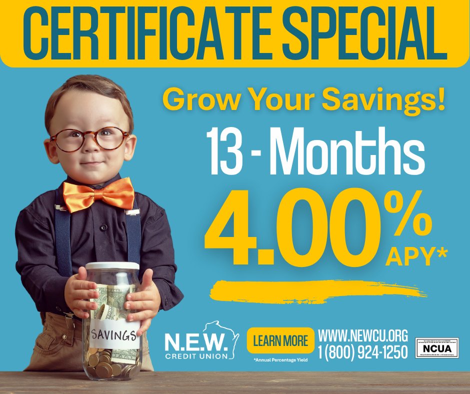 NEWCU's tweet image. Grow Your Savings ... Check out our 13-Month Certificate Special at N.E.W. Credit Union with 4.00% APY*! newcu.org/accounts/share…

Visit us your nearest branch today or give us a call at 1 (800) 924-1250 to start growing your savings!