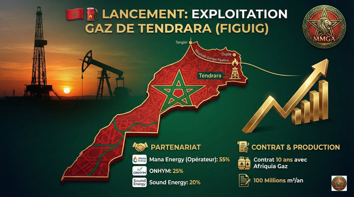 makemorocco's tweet photo. 🇲🇦⛽️ FLASH | Le Maroc lance les premières opérations d’exploitation expérimentale du champ gazier de Tendrara (Figuig), dans le cadre de la phase 1 du projet de GNL.

📌 Partenariat :
• Sound Energy : 20%
• Mana Energy (opérateur) : 55%
• ONHYM : 25%

🔗 Un contrat de 10 ans a été signé avec Afriquia Gaz pour 100 millions m³/an.

Un pas stratégique vers la souveraineté énergétique.