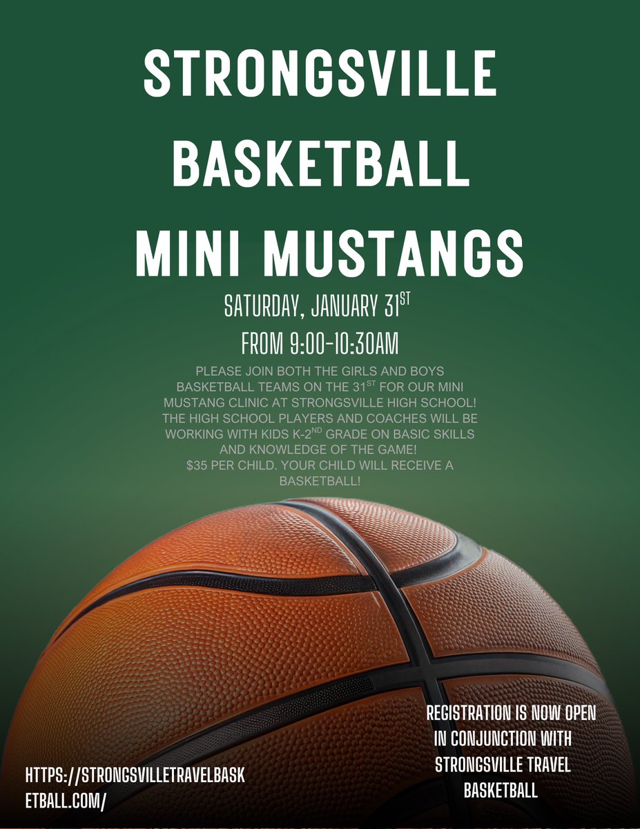 Attention all K-2nd graders. Come join <a href="/LadyMustangGB/">Lady Mustangs Basketball</a> and <a href="/Mustangshoops25/">Strongsville Mustangs Basketball</a> on January 31st for a one day basketball clinic. Every Mini Mustang goes home that day with a basketball. Register now!
