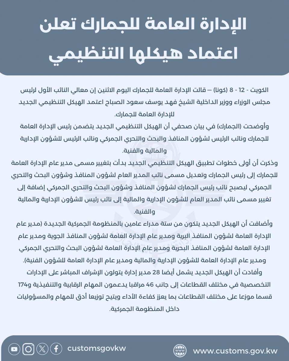 الإدارة العامة للجمارك تعلن اعتماد هيكلها التنظيمي الجديد

التفاصيل :

customs.gov.kw/News/Index/1232

#جمارك_الكويت
